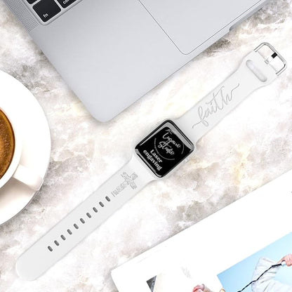 Faith with Cross Watch Band Compatible with Apple Watch Laser Engraved Band Silicone 38mm 40mm 41mm 42mm 44mm 45mm 46mm 49mm Strap Jesus Psalm Christian God Blessed (White, 42/44/45/46/49mm M/L)
