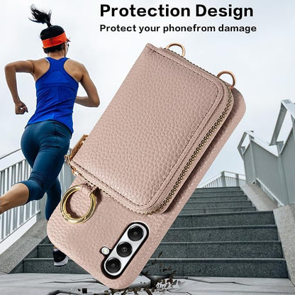 Wallet Case for Samsung Galaxy A35 5G with Shoulder Strap Ring Buckle, Luxury PU Leather Zipper Flip Organ Purse, Credit Card Holder Stand Cell Phone Cover for A 35 35A A355G Women Men Khaki