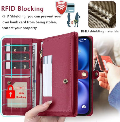 for Wallet Case Compatible with iPhone 16,Multi-Function Detachable 2 in 1 Magnetic iPhone 16 Case Wallet,Flip Strap Zipper Card Holder Phone Case with Shoulder Straps (Red)