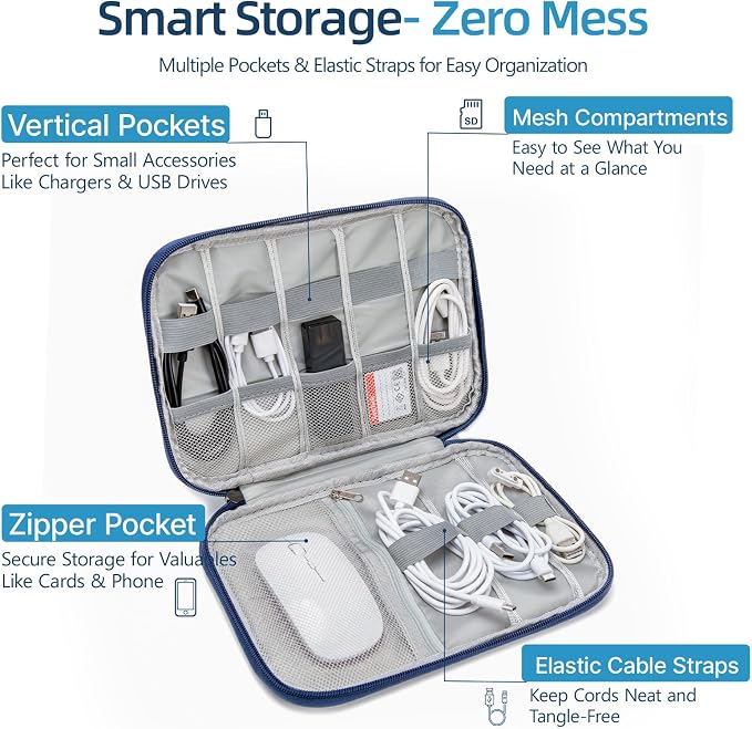 Cord Organizer Travel Case, Cable Organizer Bag for Chargers, USB Cables, Power Bank & Electronics Accessories, Portable Tech Organizer Pouch with Mesh Pockets, Water Resistant Travel Gear Bag