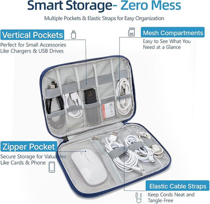 Cord Organizer Travel Case, Cable Organizer Bag for Chargers, USB Cables, Power Bank & Electronics Accessories, Portable Tech Organizer Pouch with Mesh Pockets, Water Resistant Travel Gear Bag