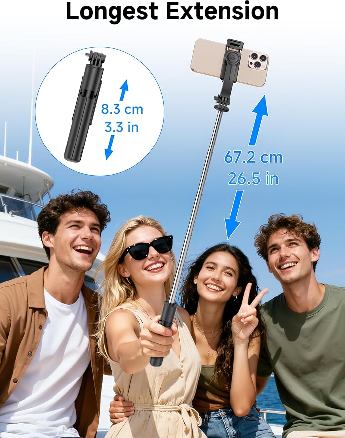 Mini Selfie Stick Travel Tripod for Cell Phone with Light, Extendable Selfie Stick for iPhone with Detachable Remote, iPhone Tripod for Video Recording, Photograph, Compatible with Cellphones