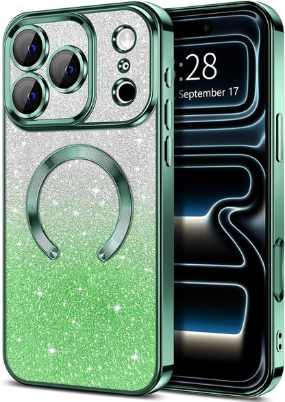 Hython for iPhone 17 Pro Max Case Glitter Clear Magnetic Phone Cases [Compatible with MagSafe] Full Camera Lens Protector Sparkle Luxury Plating Slim Shockproof Protective Cover Women, Gradient Green