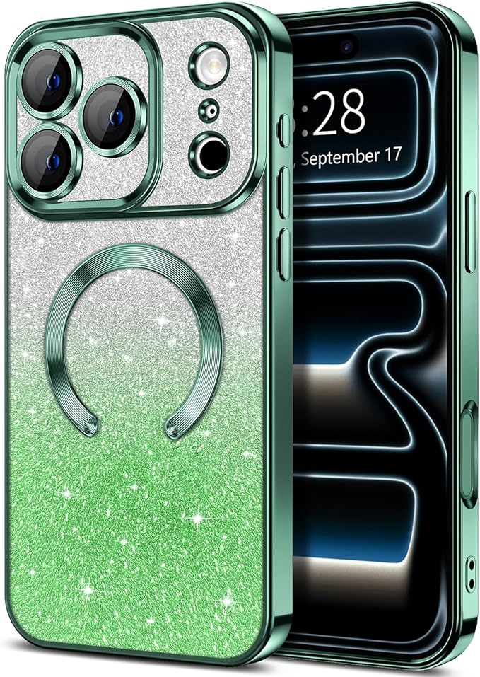 Hython for iPhone 17 Pro Case Glitter Clear Magnetic Phone Cases [Compatible with MagSafe] Full Camera Lens Protector Sparkle Luxury Plating Slim Shockproof Protective Cover Women, Gradient Green