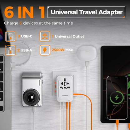 TESSAN Universal Travel Adapter, International Power Adapter | 5 USB Ports (3 USB C), Worldwide Plug Adaptor, US to Europe UK France Germany Spain Ireland Australia Japan, Type C G A I