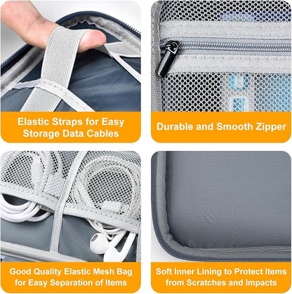 Portable Charger Organizer Travel Case Shockproof Power Bank Bag for Anker/Jackery/RAV/20000/30000mAh Power Bank Leather Electronic Case for PowerCore (Gray&Blue, Single Layer-Large)