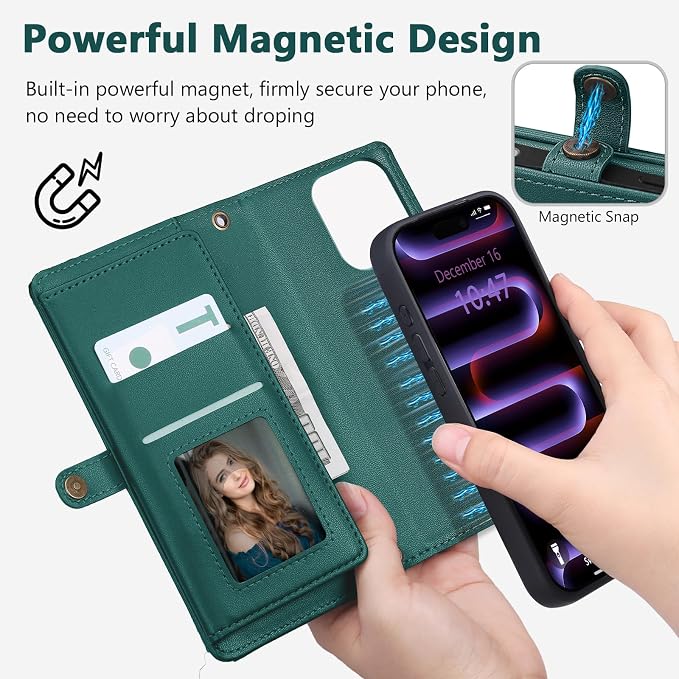 Wallet Case for iPhone 16 Pro Max with Card Holder/Crossbody Wallet/Strap| RFID Blocking | Magnetic | Kickstand | Detachable | PU Leather Phone Case for iPhone 16 Pro Max,6.9 in,Green