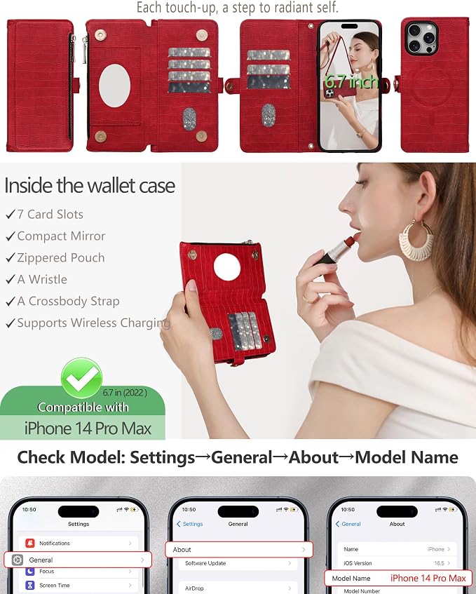 Crossbody Wallet Case for iPhone 14 Pro Max with Mirror, Wrist Strap, Zipper Purse Magnetic Flip RFID Blocking Card Holder, Wireless Charging, PU Leather Shockproof 6.7" Women (Red)