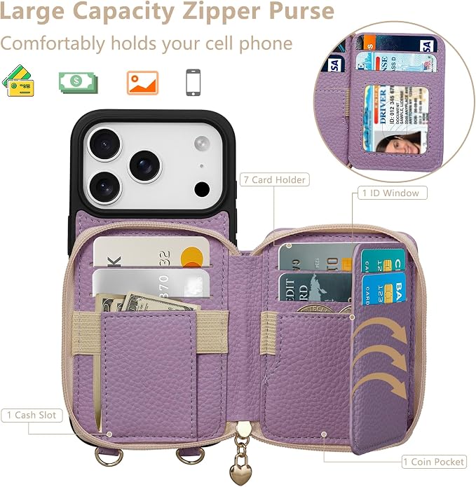 Keallce Case for iPhone 17 Pro 6.3'' Case Wallet, Crossbody Zipper Purse with RFID Blocking Card Slots Kickstand, Lanyard & Handstrap Flip Folio Leather Phone Cover for iPhone 17 Pro, Purple
