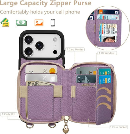 Keallce Case for iPhone 17 Pro 6.3'' Case Wallet, Crossbody Zipper Purse with RFID Blocking Card Slots Kickstand, Lanyard & Handstrap Flip Folio Leather Phone Cover for iPhone 17 Pro, Purple
