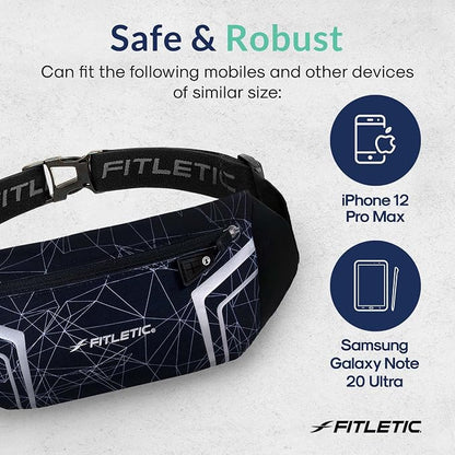 Fitletic Modern Sports Running Belt For Men & Women – Water Resistant Pouch - Fits All Smart Phones- Lightweight, Low Profile Design –Lycra Coated With Inner Card Organizer Pocket Black/Spider Print