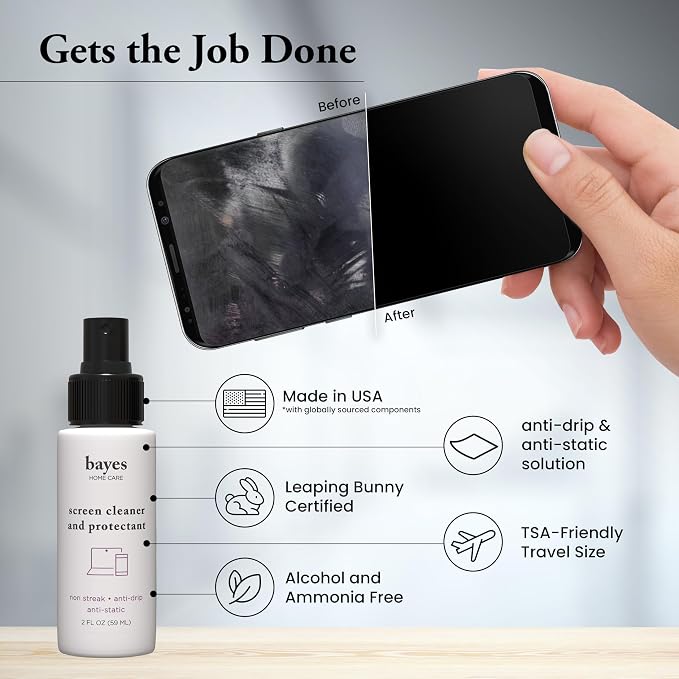 Bayes Electronic Screen Cleaner Spray Kit with Premium Microfiber Cloth - TV Screen Cleaner for Smart TV, LCD, LED, OLED - Tablet, Phone and Computer Screen Cleaner for Car Display - 2 oz