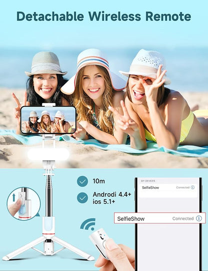 Stable Selfie Stick Tripod with Fill Light, 44 Inch Extendable Selfie Stick with Wireless Remote and Tripod Stand 360 Rotation for iPhone 15/14/13/12/11 Pro/XS Max/XR/X, Samsung and Smartphone (White)