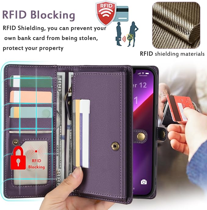 for Wallet Case Compatible with iPhone 13 Pro Max,Multi-Function Detachable 2 in 1 Magnetic iPhone 13 Pro Max Case Wallet,Flip Strap Zipper Card Holder Phone Case with Shoulder Straps (Pruple)