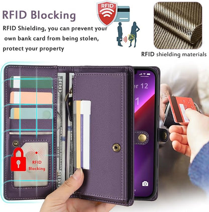 for Wallet Case Compatible with iPhone 13 Pro Max,Multi-Function Detachable 2 in 1 Magnetic iPhone 13 Pro Max Case Wallet,Flip Strap Zipper Card Holder Phone Case with Shoulder Straps (Pruple)