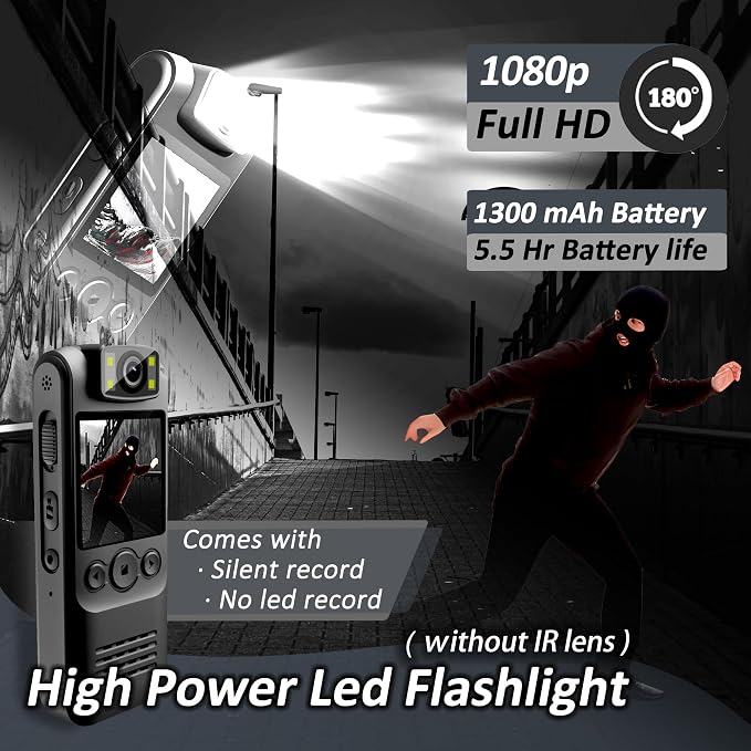 Body Camera with Audio & Video Recording- 128GB 1080P HD Police Cop Cam for Outdoor Law Enforcement Guard Travel Cameras- with Magnetic Clip Flashlight 6HR Battery Recorder (Black Lanyard)