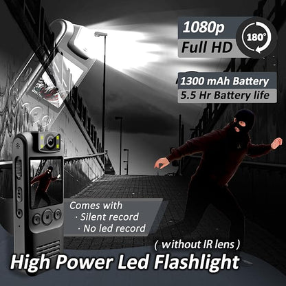 Body Camera with Audio & Video Recording- 64GB 1080P HD Police Cop Cam for Outdoor Law Enforcement Guard Travel Cameras- With Magnetic Clip Flashlight 6HR Battery Recorder (Black With Lanyard)