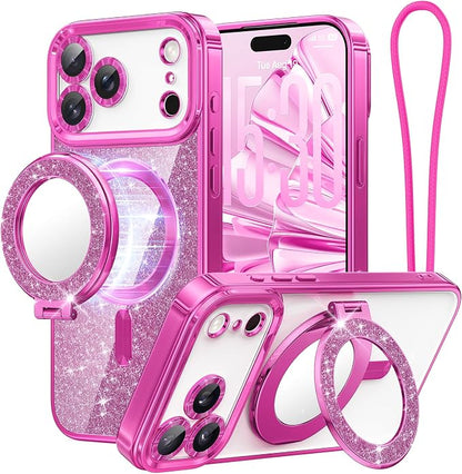 Meifigno Designed for iPhone 17 Pro Magnetic Case with Removable Phone Ring Stand, [Glitter Card & Wrist Strap] [MagSafe Compatible] [Built-in Mirror] Phone Ring Stand + Phone Case Kit, Hot Pink