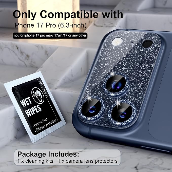 Choiche Compatible for iPhone 17 Pro Camera Lens Protector, Bling Camera Cover with 9H Tempered Glass Lens Screen Protector Metal Ring Decoration Accessories 6.3-inch (Glitter-Blue)