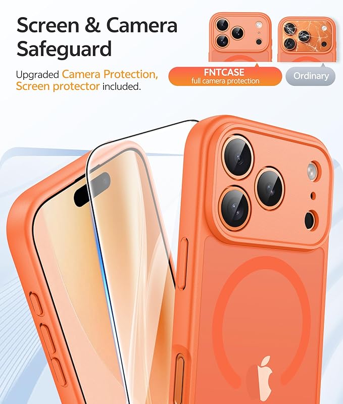 FNTCASE for iPhone 17 Pro Max Case: [Compatible with Magsafe] Translucent Matte Cases with [Full Camera Protection] [Screen Protector] Military Grade Shockproof Protective Phone Cover - Orange