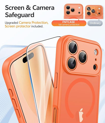 FNTCASE for iPhone 17 Pro Max Case: [Compatible with Magsafe] Translucent Matte Cases with [Full Camera Protection] [Screen Protector] Military Grade Shockproof Protective Phone Cover - Orange