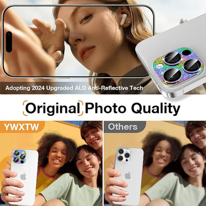 YWXTW for iPhone 16 Pro/iPhone 16 Pro Max Camera Lens Protector, [New Glitter Design] Full Bling Sparkly Diamond Tempered Glass Screen Protector Metal Camera Cover Accessories (Multi-Coloured)