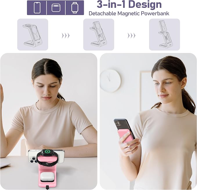 3 in 1 Wireless Charging Station: 5000mAh Removable Power Bank Charger Stand for Phone/Watch/Air Pods - Portable Magnetic Battery Pack for Air 17 16 15 14 13 12 Series Pink