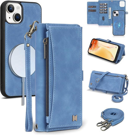 Wallet Case for iPhone 15 with Card Holder/Crossbody Wallet/Strap| RFID Blocking | Magnetic | Kickstand | Detachable | PU Leather Phone Case for iPhone 15,6.1 in,Sky Blue