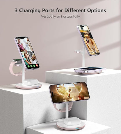 XooFly 3 in 1 Wireless Charging Station for Apple Devices, Fast Wireless Mag-Safe Charger Stand with 20W Adapter for iPhone 17/16 15 14 13 12 Pro Max/Pro/Plus/Air/Mini, iWatch, AirPods (Pink)