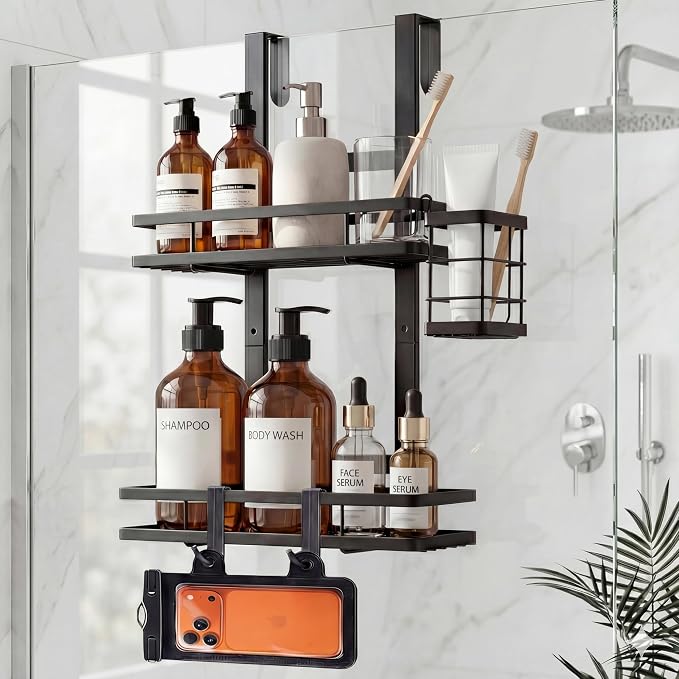 Over the Door Shower Caddy Hanging, Rustproof Shower Shelves with Waterproof Phone Pouch, 2-Tier Adjustable Bathroom Organizers and Storage, No Drilling Shower Shelf, Black Shampoo Soap Holder