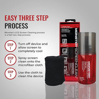 Monster Screen Cleaner Kit, 60 mL, Microfiber Cloth, for HDTVs, Tablets, Laptops, Smartphones, Eyeglasses