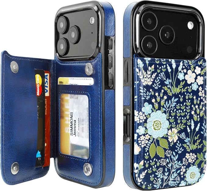 uCOLOR for iPhone 17 Pro Wallet Case with Card Holder PU Leather RFID Blocking Design iPhone 17 Pro flip case for Women Men Magnetic Clasp Kickstand Design 6.3 inch (Blue Daisy)