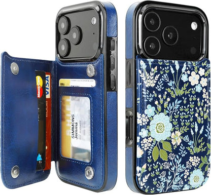 uCOLOR for iPhone 17 Pro Wallet Case with Card Holder PU Leather RFID Blocking Design iPhone 17 Pro flip case for Women Men Magnetic Clasp Kickstand Design 6.3 inch (Blue Daisy)