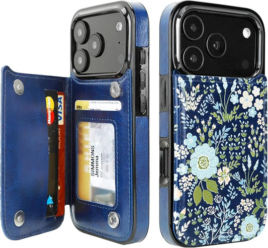 uCOLOR for iPhone 17 Pro Wallet Case with Card Holder PU Leather RFID Blocking Design iPhone 17 Pro flip case for Women Men Magnetic Clasp Kickstand Design 6.3 inch (Blue Daisy)