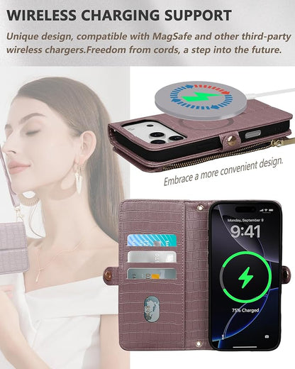 Crossbody Wallet Case for iPhone 17 Pro Max with Mirror, Wrist Strap, Zipper Purse Magnetic Flip, RFID Blocking Card Holder, Wireless Charging, PU Leather Shockproof 6.9" Women (Rose Gold)
