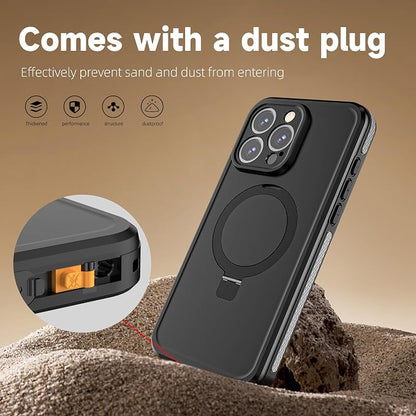 Omio for iPhone 15 Pro Max Waterproof Case with Stand Compatible with MagSafe, Full Body Magnetic IP69 Underwater Case Built-in Screen Protector Military Grade Shockproof Case for Men Women, Black