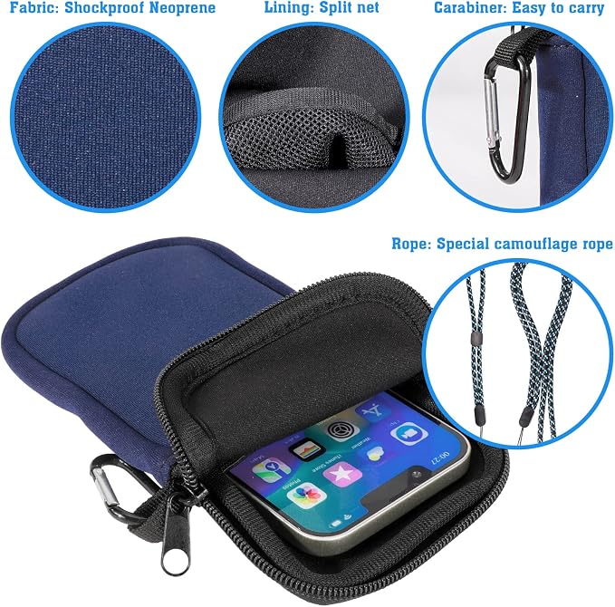 Pwsap Phone Sock, Universal Shock & Impact Resistant Neoprene Pouch with Carabiner and Lanyard Strap Sleeve Case for Hiking & Travelling Phone Bag Fits Phones up to 7 Inches, Blue, M
