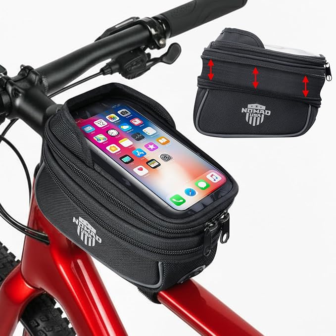 Nomad USA Bicycle Bag, Expandable Bike Tool Pouch Front Frame/Handlebar Bag, Touch Screen Waterproof Cycling Phone Fits All iPhones, Galaxy S25, Pixel Pro, Reflective Top Tube Bag for Bike Accessories
