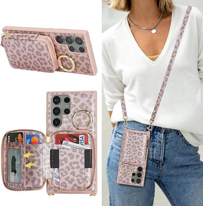 Crossbody Wallet Case for Galaxy S23 Ultra, PU Leather Zipper Handbag Purse Flip Cover, Kickstand Folio Case with Card Slots Holder Wrist Strap Lanyard -Pink Leopard