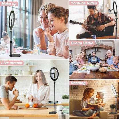 10" Desktop Selfie Ring Light with Stand and Phone Holder for iPhone Android, 3 Light Modes Dimmable LED Ringlight for YouTube/Video Shooting/Streaming/Makeup with Remote Shutter