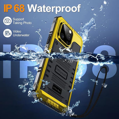 Mitywah Wateproof Case for iPhone 15 Pro Max, Military Grade Shockproof Cover for Outdoor Workers, Heavy Duty Metal Full Body Phone Case with Built-in Screen Protector, 6.7", Yellow