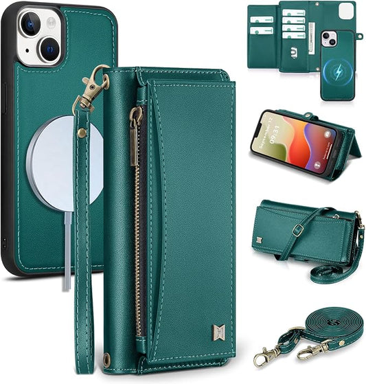 Wallet Case for iPhone 14 Plus with Card Holder/Crossbody Wallet/Strap| RFID Blocking | Magnetic | Kickstand | Detachable | PU Leather Phone Case for iPhone 14 Plus,6.7 in,Green
