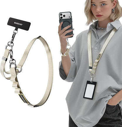 MAGEASY 2-IN-1 Cellphone Lanyard Crossbody + Wrist Strap + Phone Tether & Attachment Clips, Compatible with iPhone 16 17 Google Pixel | Clip and Go Security Strap Neck Phone Leash (Starlight)