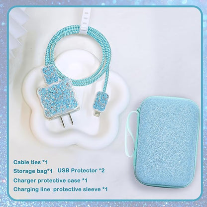 Glitter Electronic Organizer Set - Phone Charger Storage Cover, Cute Bling Case Bag With Cable Protector for iPhone, Soft Data Cord Saver, Cable Chomper (Blue)