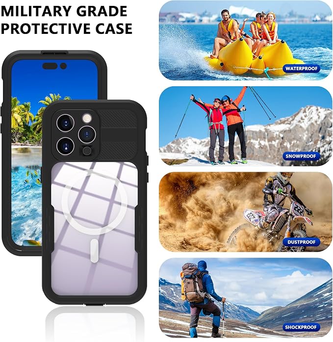 Compatible with iPhone 15 Pro 5G Waterproof Case 6.1 Inch, IP68 Protective with Magsafe, Camera/Lenses/Screen Protector, with Lanyard, Rugged Full Body Shockproof Cover Fundas Black-Clear