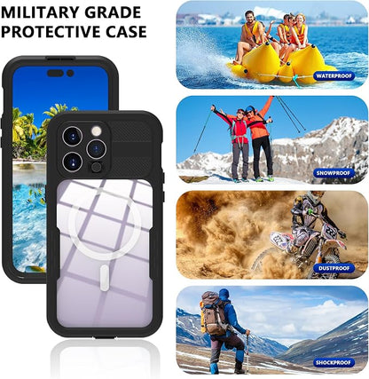 Compatible with iPhone 15 Pro 5G Waterproof Case 6.1 Inch, IP68 Protective with Magsafe, Camera/Lenses/Screen Protector, with Lanyard, Rugged Full Body Shockproof Cover Fundas Black-Clear