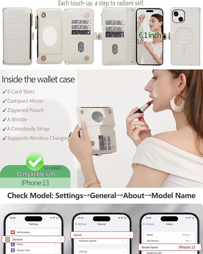 Crossbody Wallet Case for iPhone 13 with Mirror, Wrist Strap, Zipper Purse Magnetic Flip RFID Blocking Card Holder, Wireless Charging, PU Leather Shockproof 6.1" Women (White)