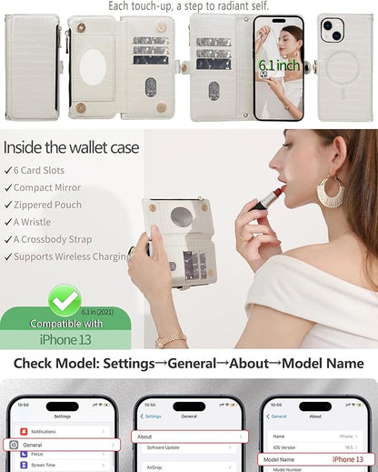 Crossbody Wallet Case for iPhone 13 with Mirror, Wrist Strap, Zipper Purse Magnetic Flip RFID Blocking Card Holder, Wireless Charging, PU Leather Shockproof 6.1" Women (White)