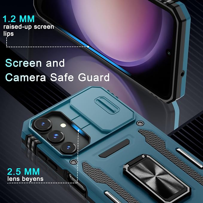 DEERLAMN Case for Samsung Galaxy A16 5G with Slide Camera Cover+Screen Protector (1 Pack), Rotated Ring Kickstand Military Grade Shockproof Protective Cover-Light Blue