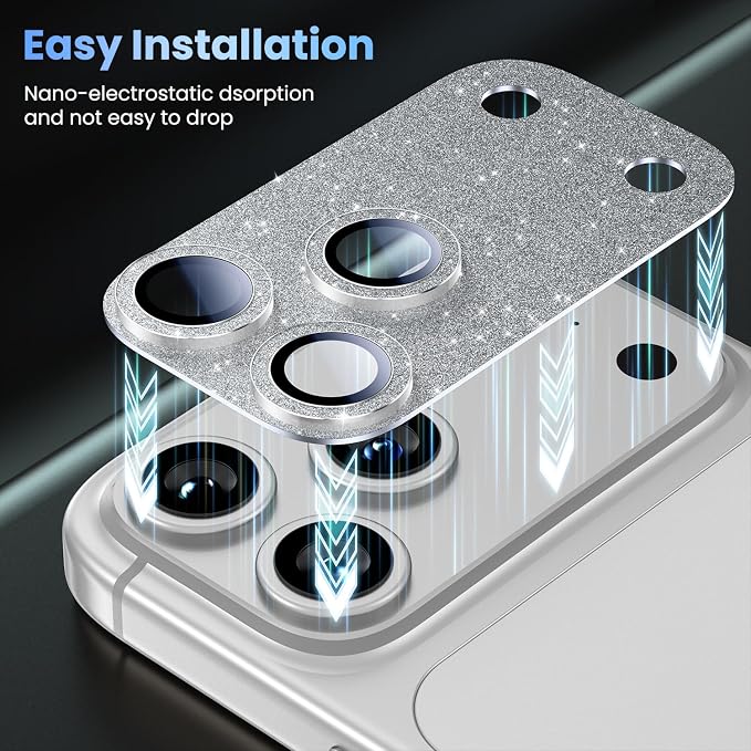 Uyiton for iPhone 17-Pro-Max Camera-Lens Protector: Bling [Not Easy to Break][Strong Adsorption][Case-Friendly] Metal Tempered Glass Rear Camera Screen Cover - Glitter Silver